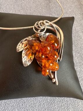 Sterling Silver Amber Pendant Choker Grape Leaves Silver Chain